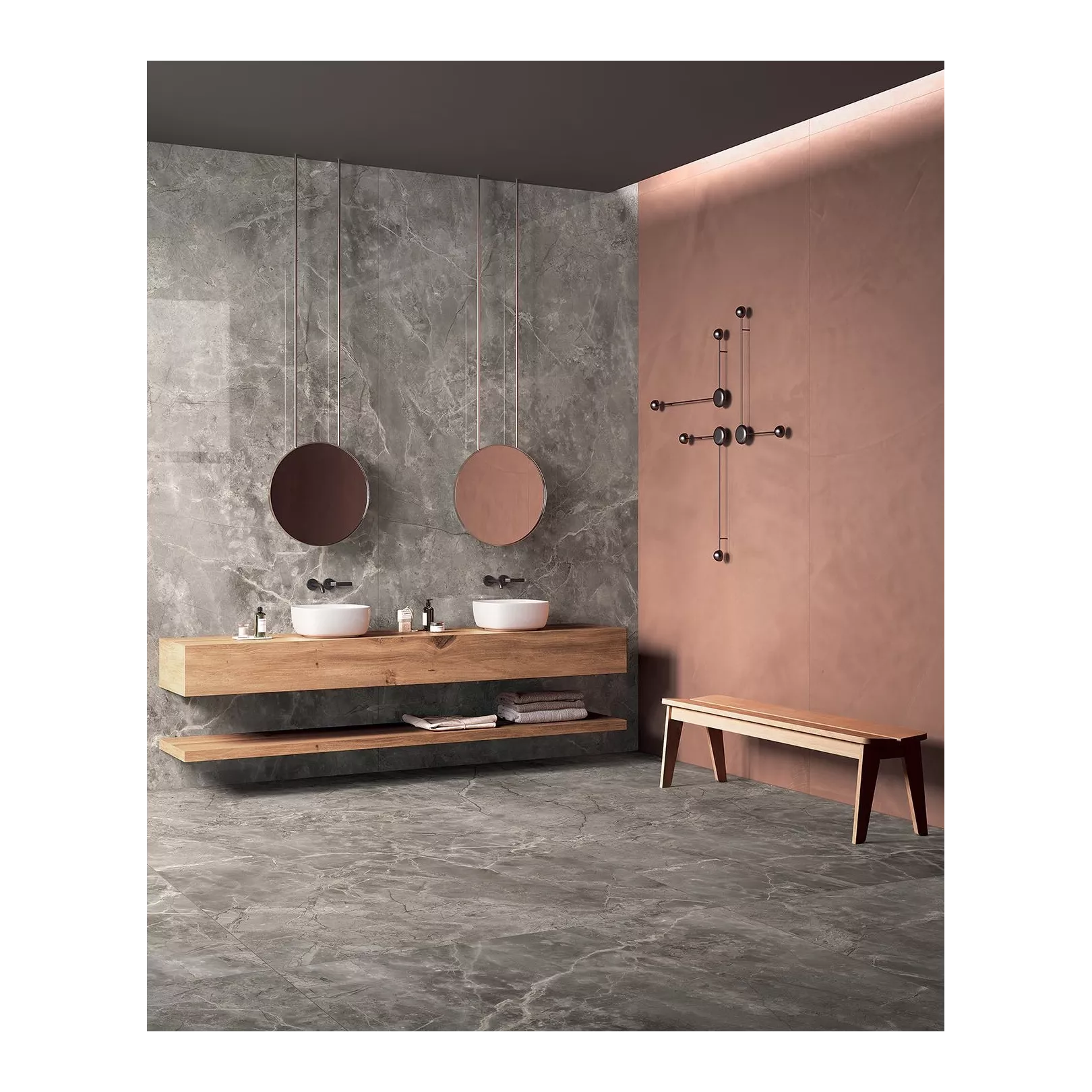 (mur) grès cérame RES ART Pottery 278x120cm + (sol et mur) grès cérame INFINITO 2.0 OMBRA DI CARAVAGGIO 278x120cm poli