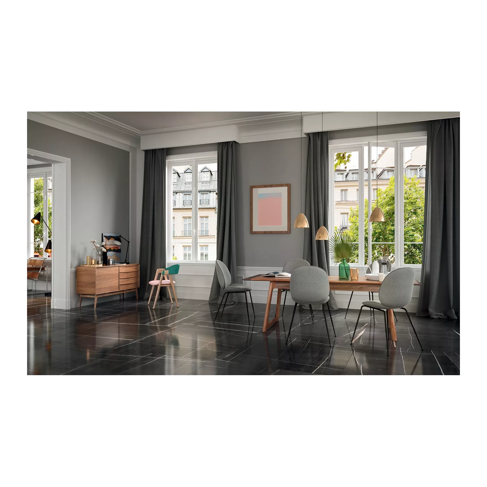 Carrelage grès cérame effet marbre Sahara Noir (5formats, 3 finitions)