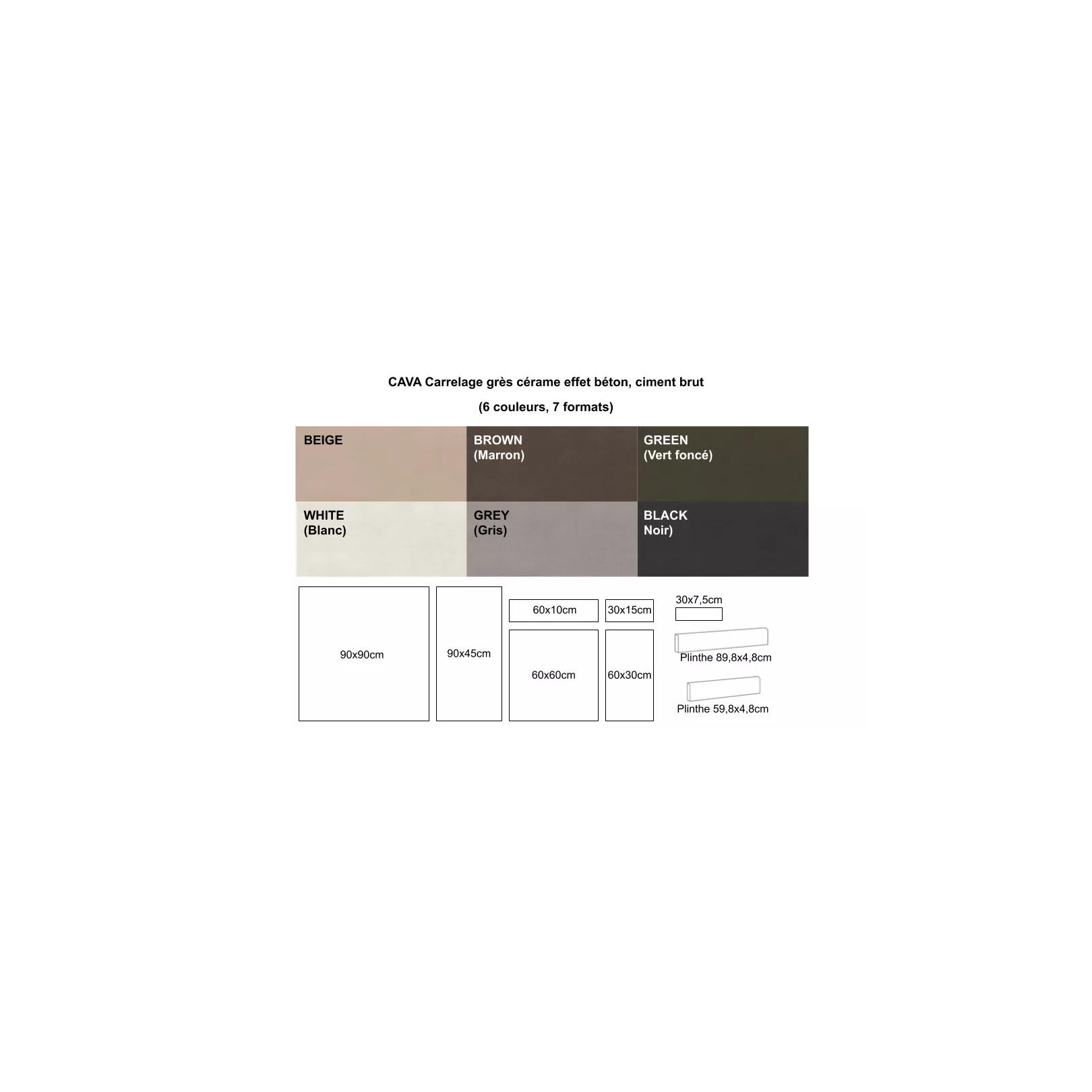 Carrelage grès cérame effet beton, ciment brut Cava  (6 couleurs, 7 formats)