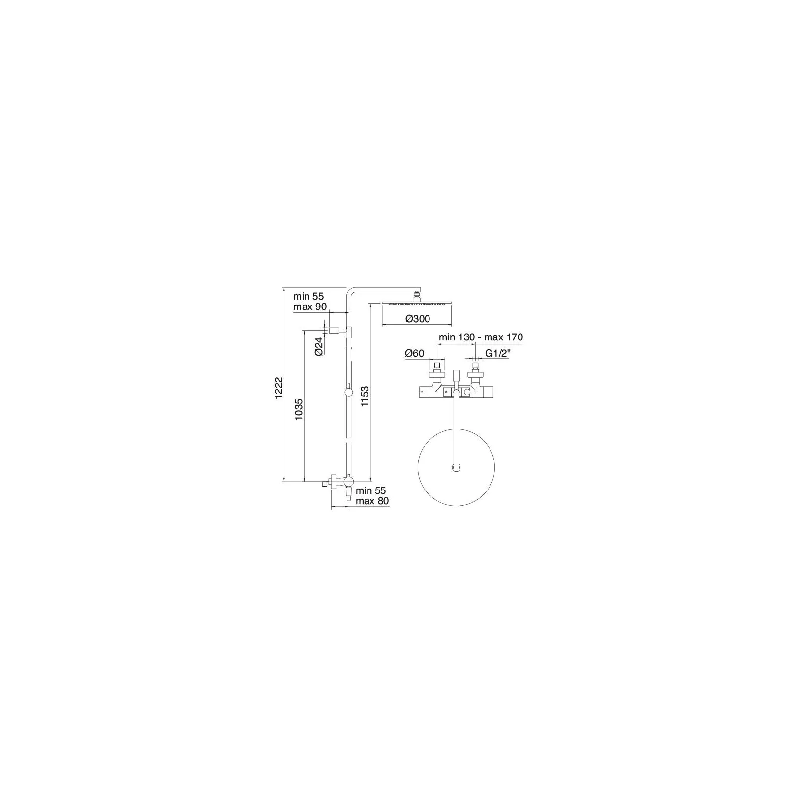 Colonne de douche externe Up 6581 avec mitigeur thermostatique  tête de diam. 30cm et douchette (5 finitions)