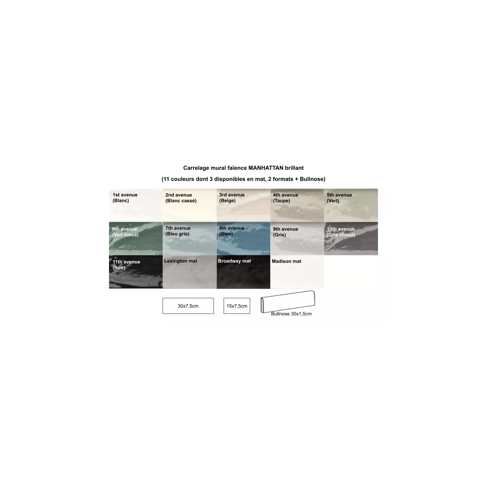 Carrelage mural faïence Manhattan (15 couleurs, 2 formats et Bullnose)