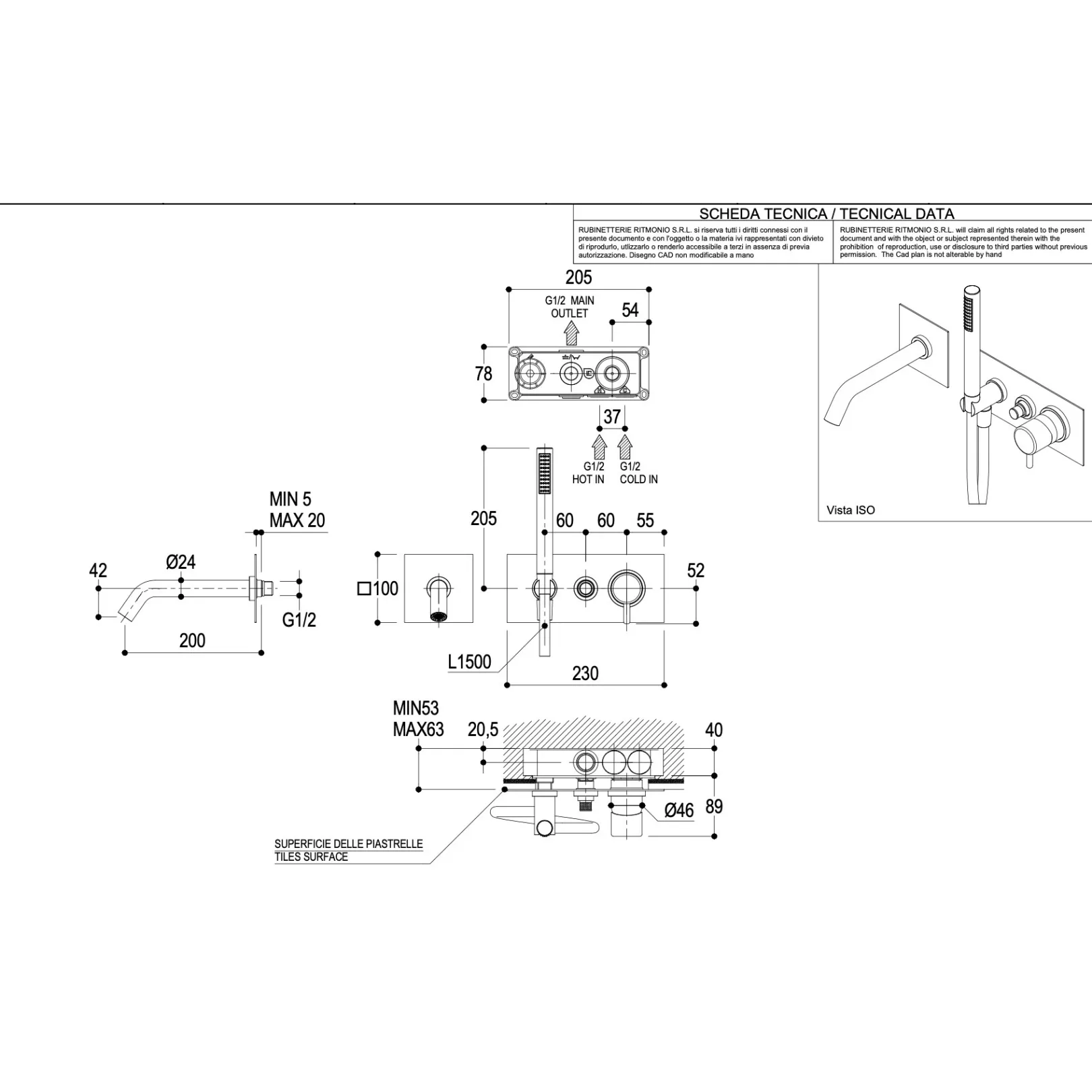 Robinet mitigeur inverseur baignoire Reverso mural (encastré) avec écoulement bain et douchette 