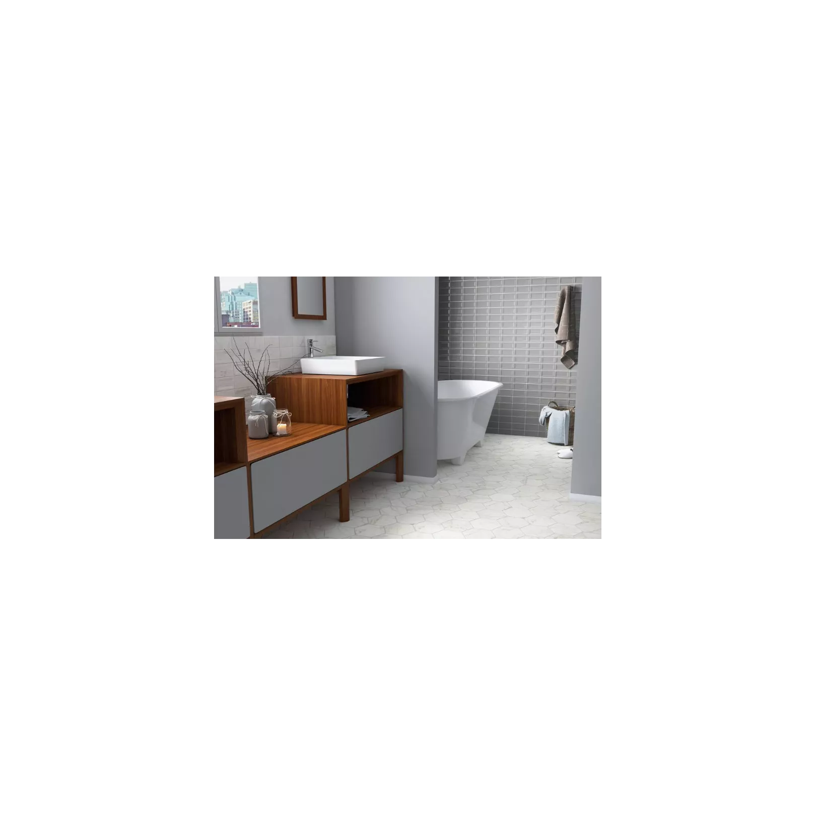 Carrelage mural faïence effet marbre blanc Carrara (2 formats + bullnose, 2 finitions)