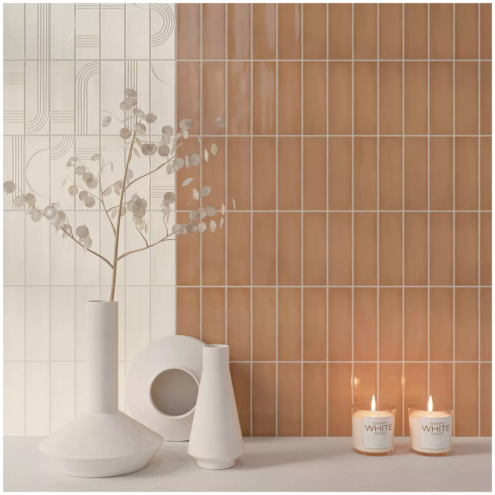 faïence GLOW Caramel uni 16,1x5,2cm + faïence GLOW Salt uni + décor 16,1x5,2cm