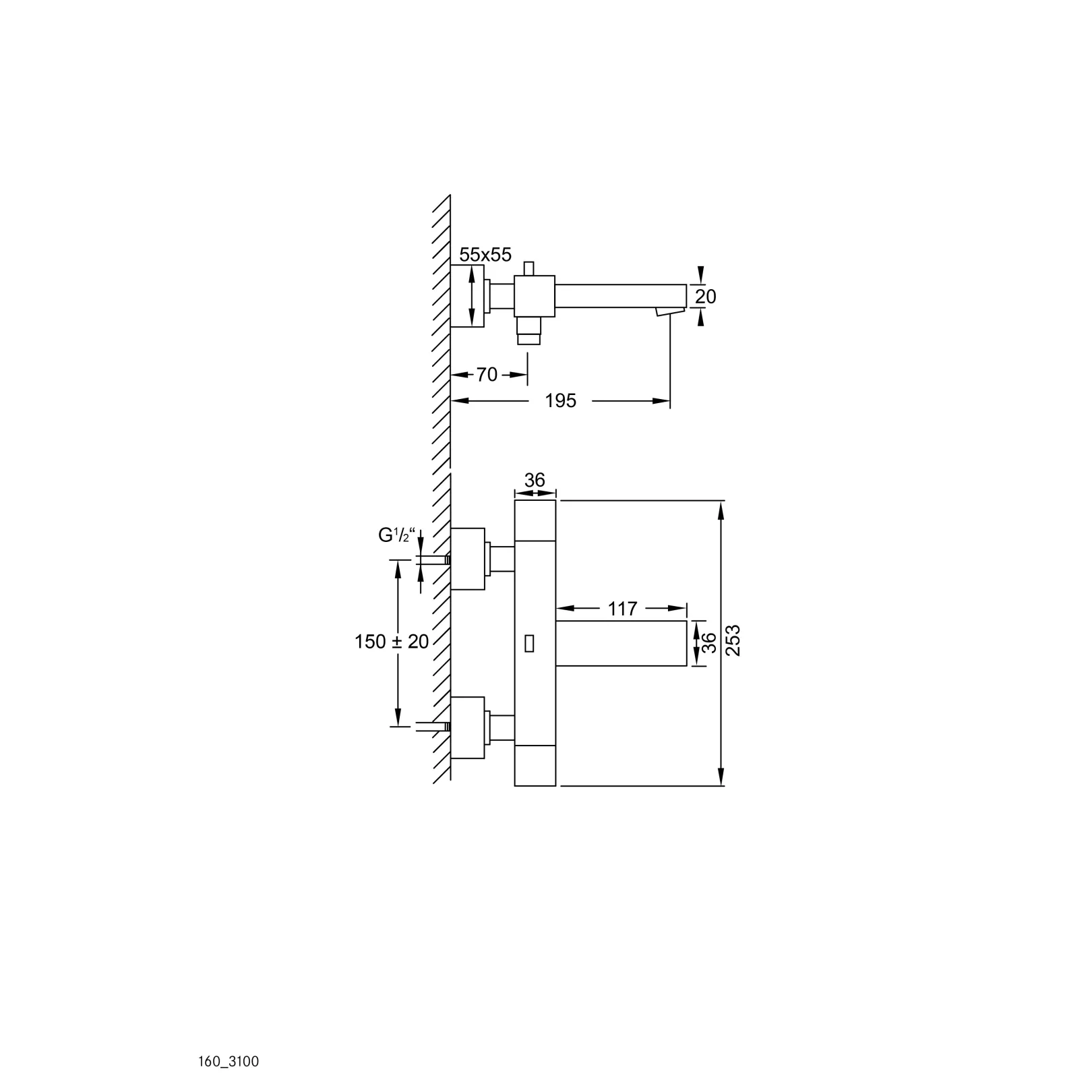 Robinet thermostatique inverseur baignoire 1603100 mural (non encastré) avec écoulement bain et sortie douchette, série160