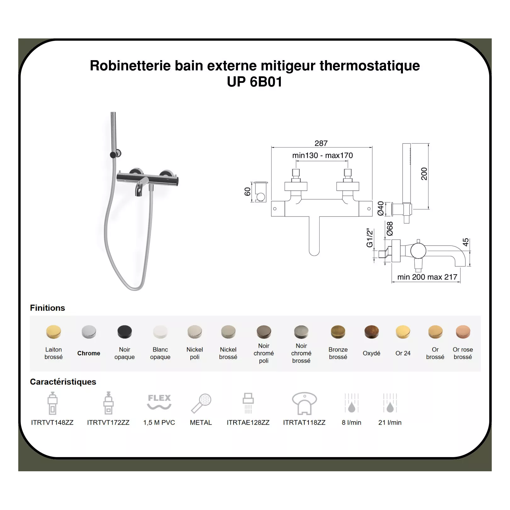 Ensemble de douche/bain externe Up 6B01 avec mitigeur thermostatique robinet et douchette