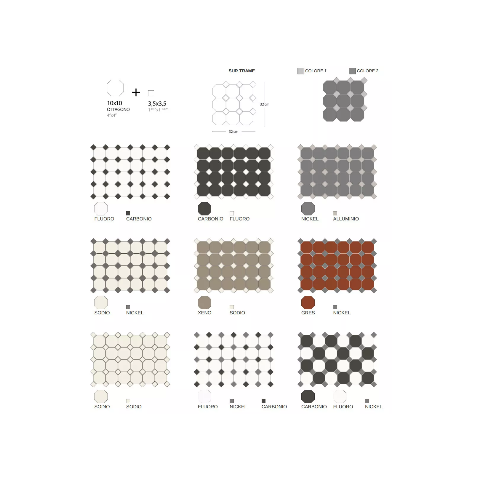 Carrelage grès cérame CESI - CABOCHON et OTTAGONO 10x10, 10 couleurs  3 combinaisons