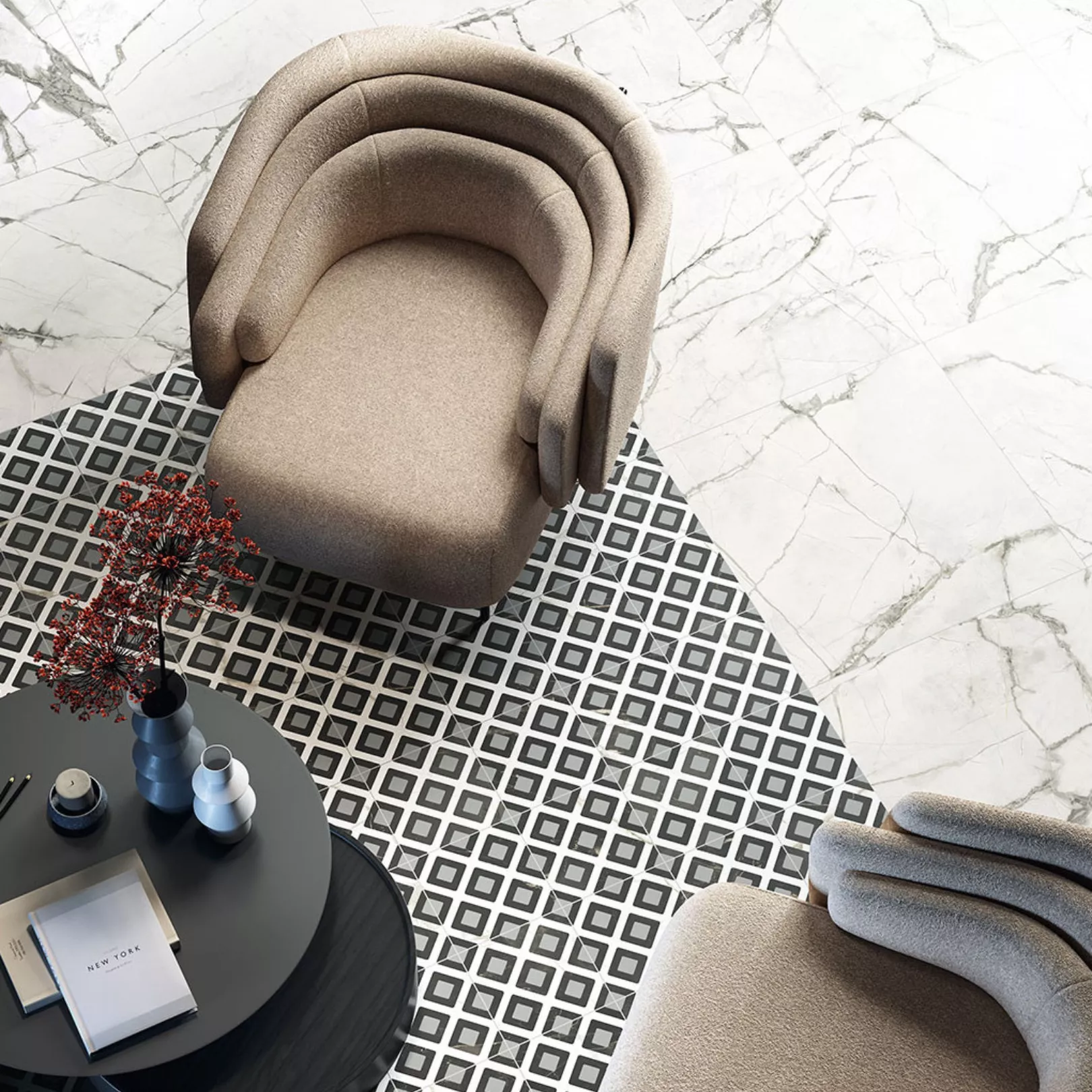 Carrelage grès cérame effet marqueterie marbre Marmorea Intensa Deco Vague Grey