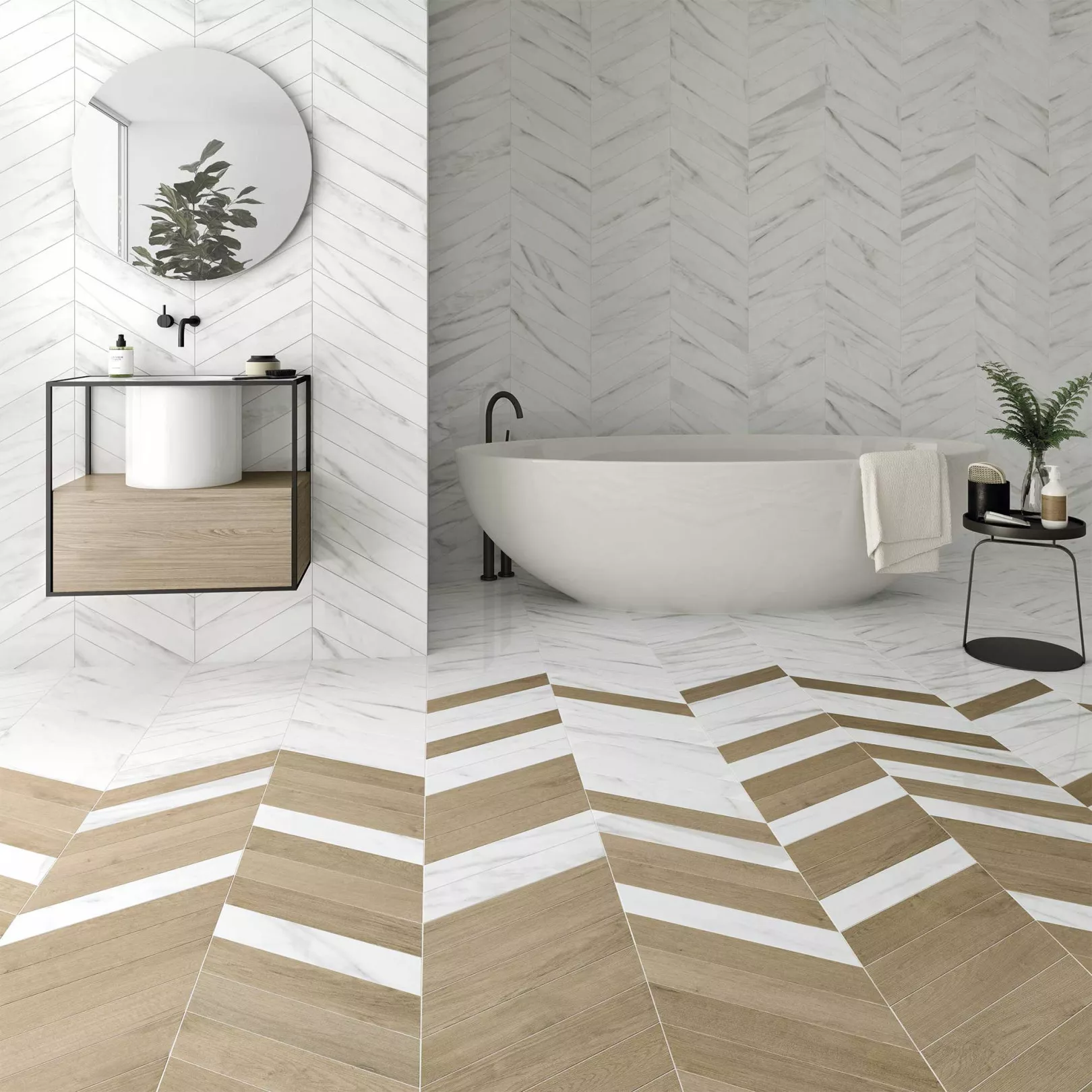 Carrelage grès cérame 60° Chevron Calacatta effet marbre