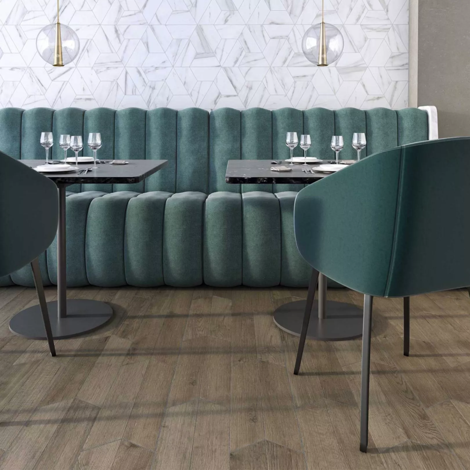 Carrelage grès cérame 60° Trapezium Calacatta effet marbre