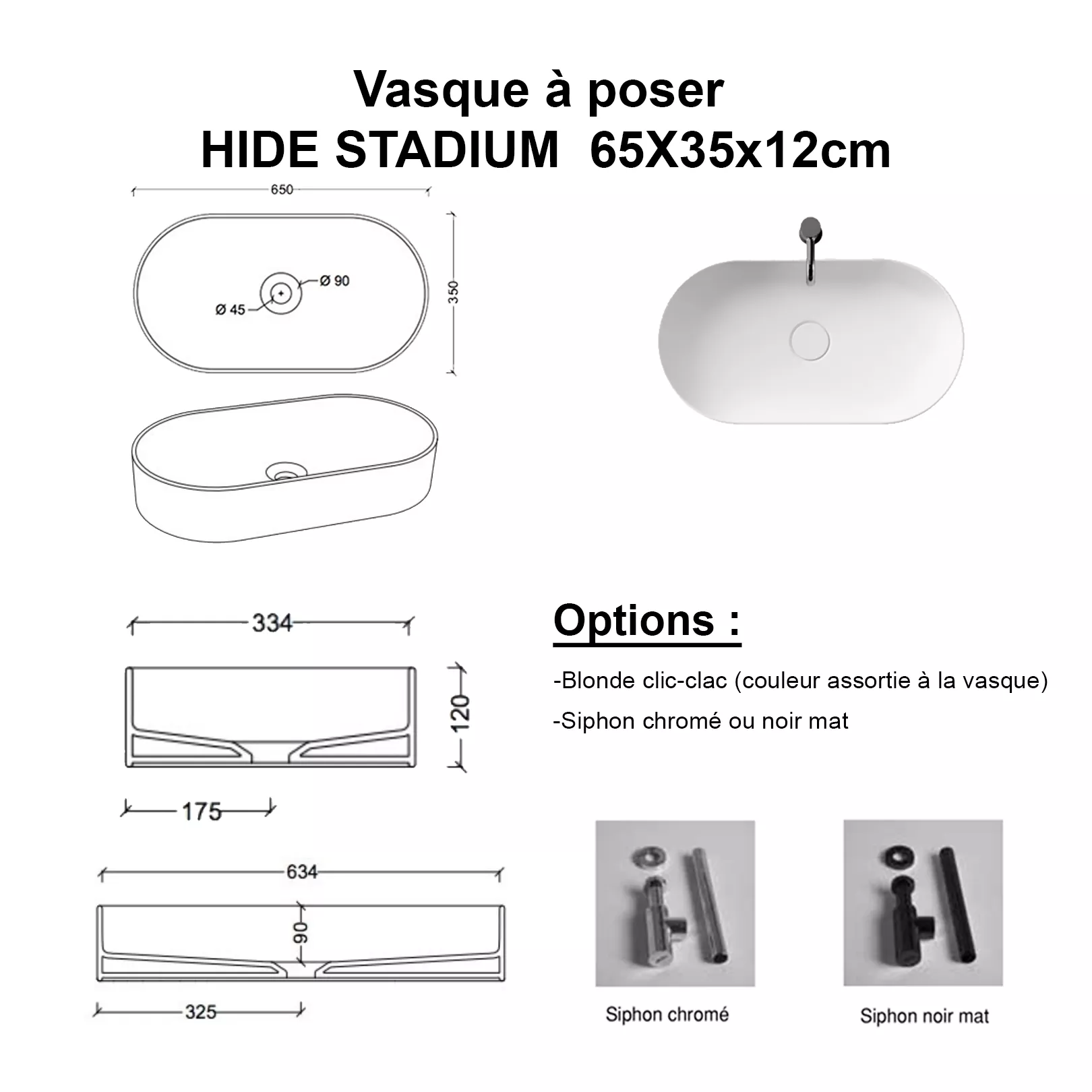 Lavabo, vasque à poser Hide Stadium 65x35cm ovale