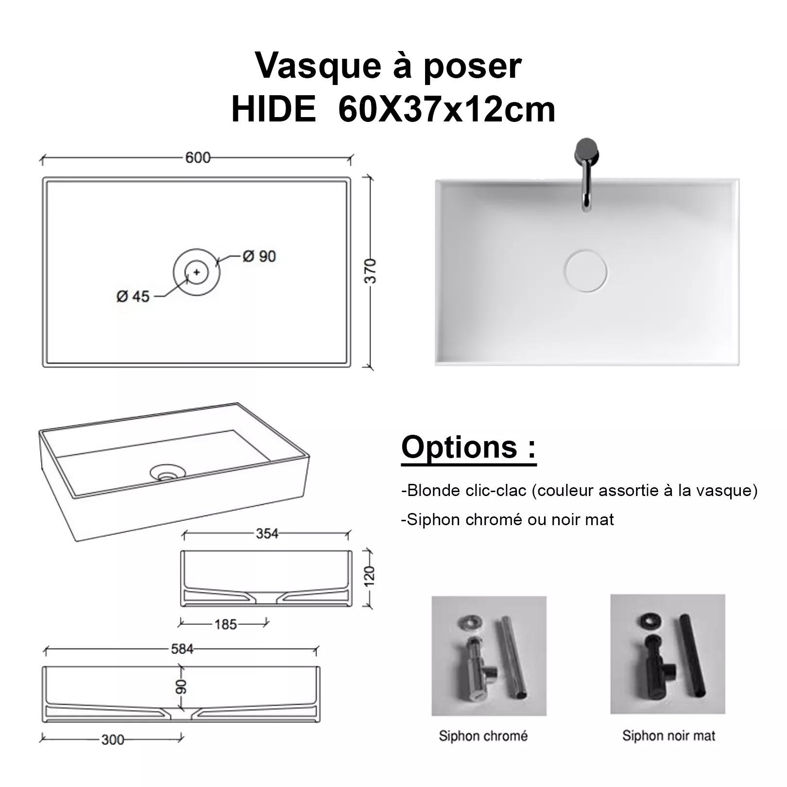 Lavabo, vasque Hide 60x37cm  (rectangle)
