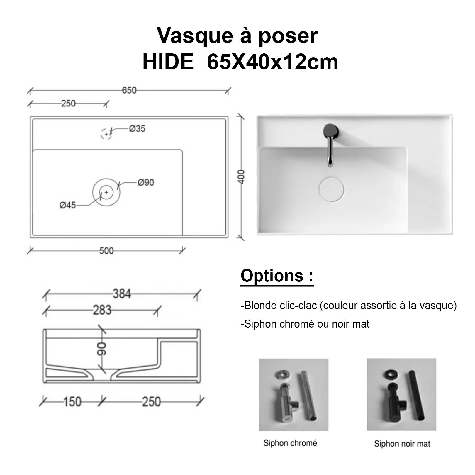 Lavabo, vasque Hide Rectangle 65x40cm