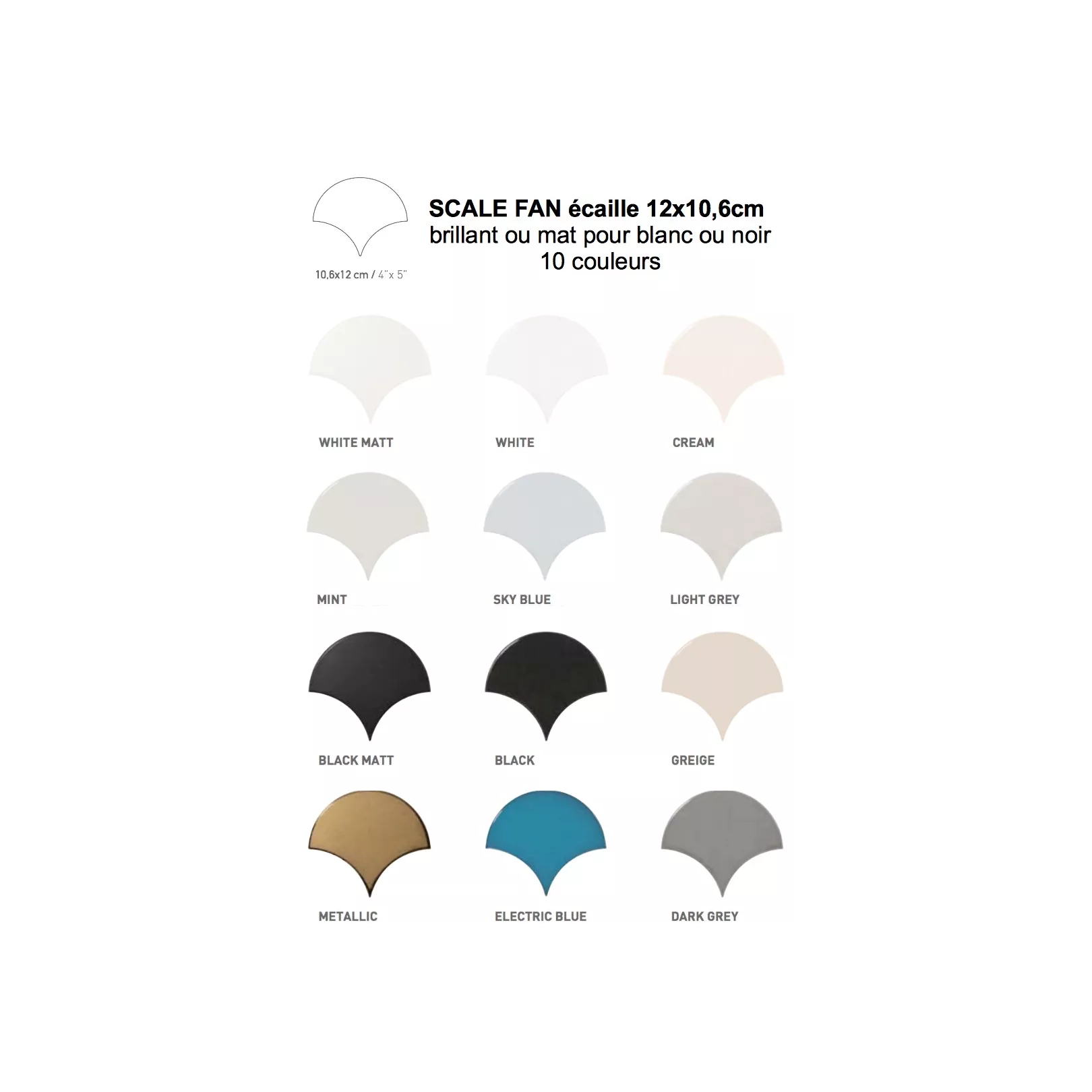 Carrelage mural faïence Scale Fan (10 couleurs), écaille 12x10,6cm
