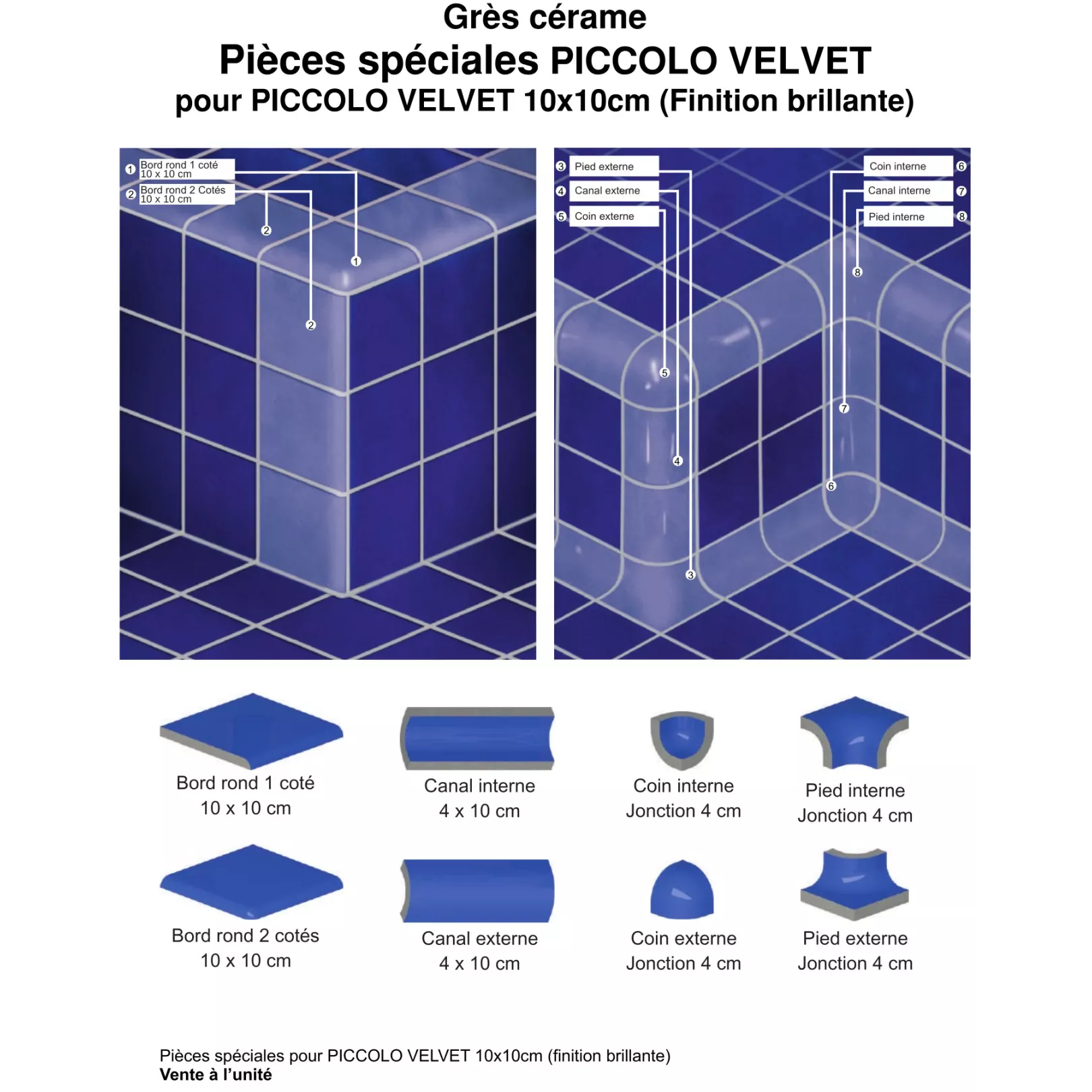 Grès cérame Pièces spéciales PICCOLO VELVET - pour PICCOLO VELVET 10x10cm (Finition brillante)