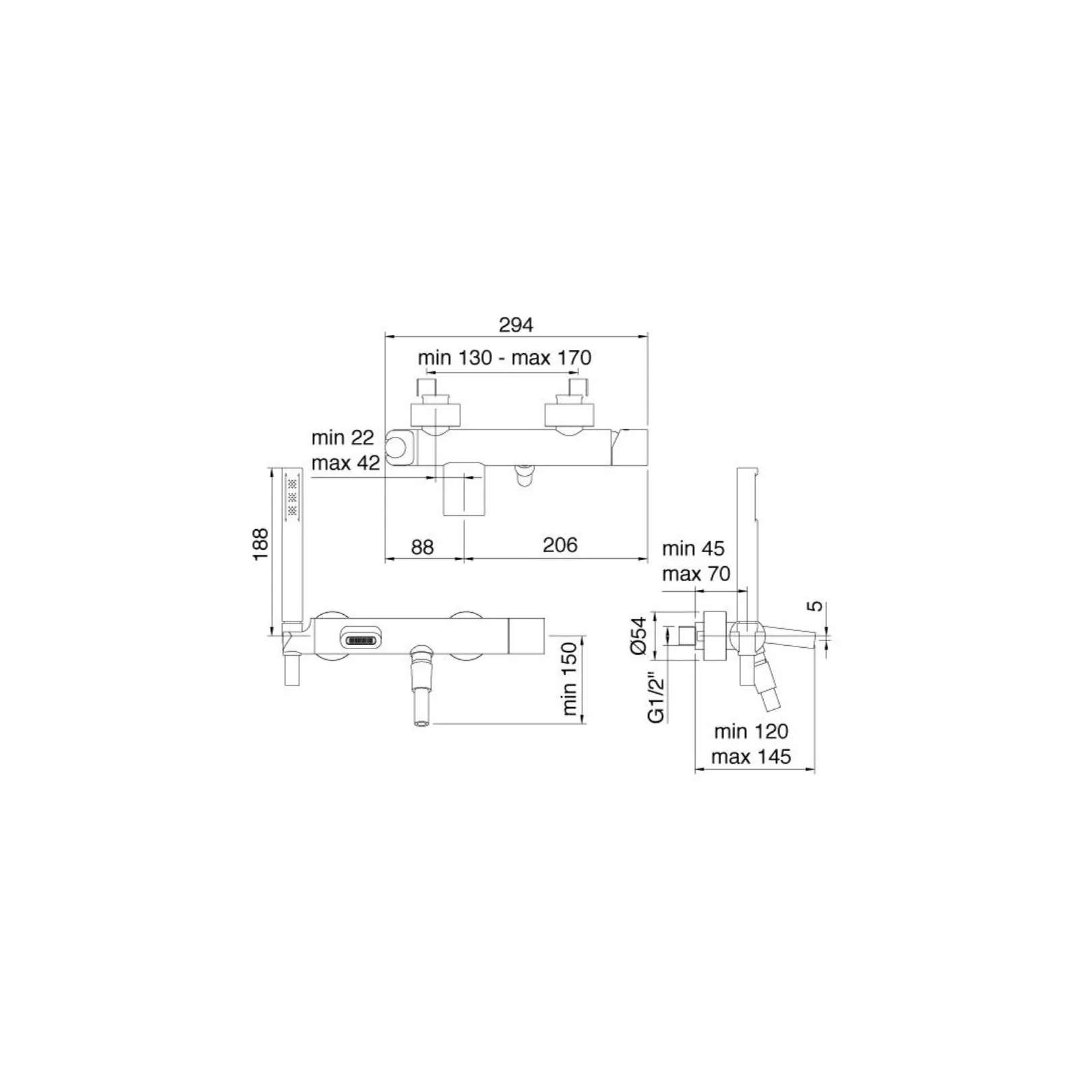 Robinet mitigeur inverseur baignoire Nanotech 5400 mural (non encastré) avec écoulement bain et douchette 
