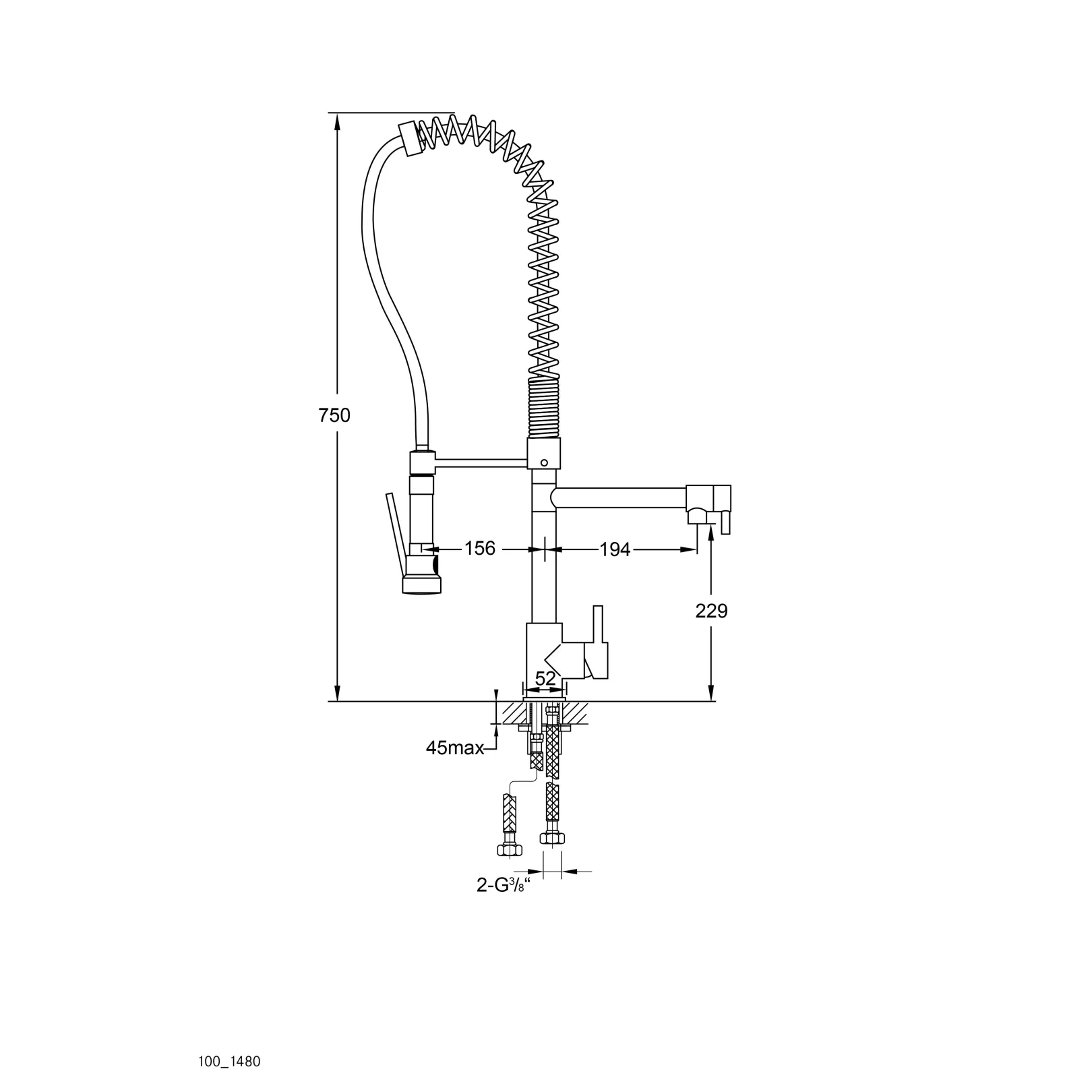 Robinet 1001480, mitigeur monotrou à poser, bec orientable,et douchette à maiin