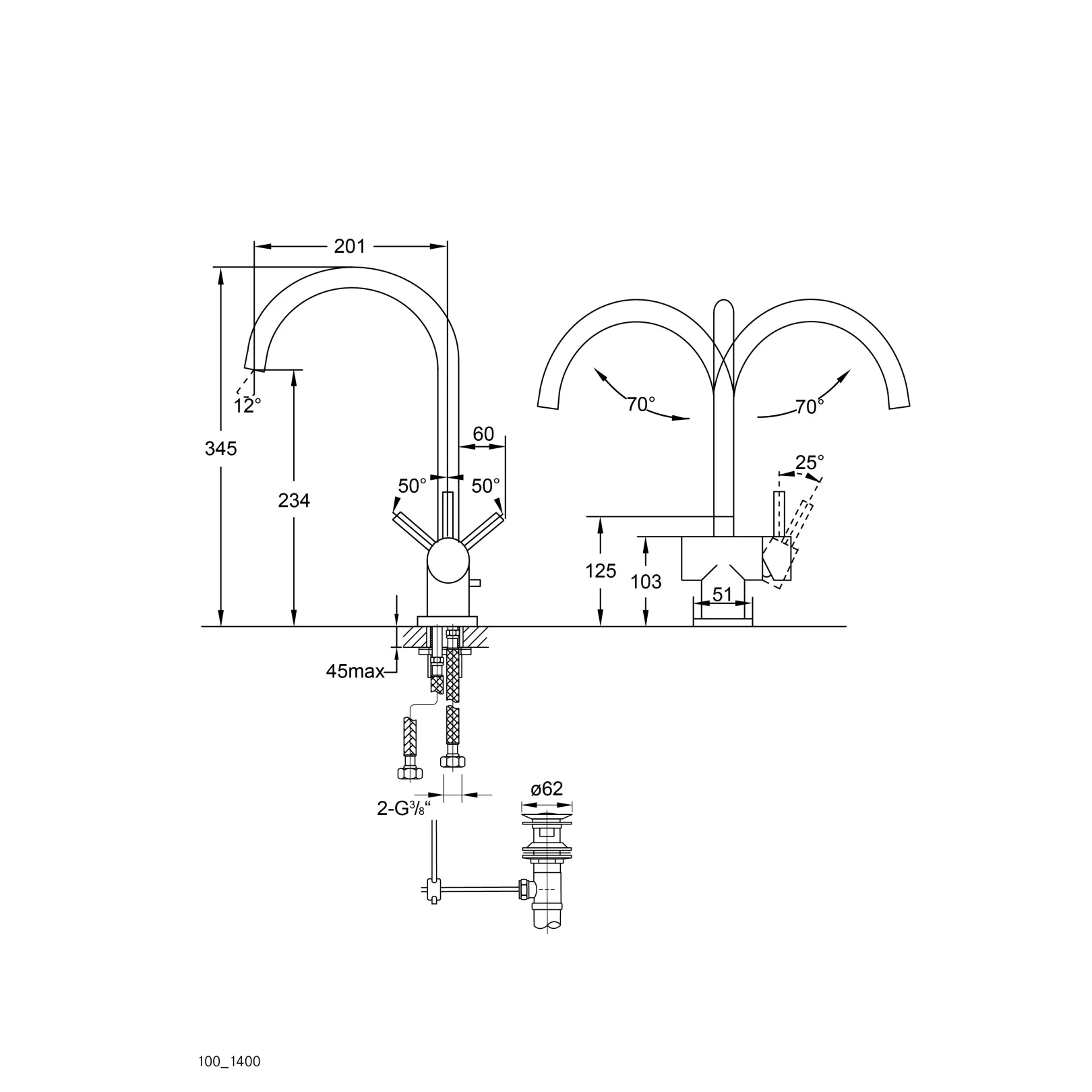 Robinet 1001400, mitigeur monotrou à poser, bec orientable