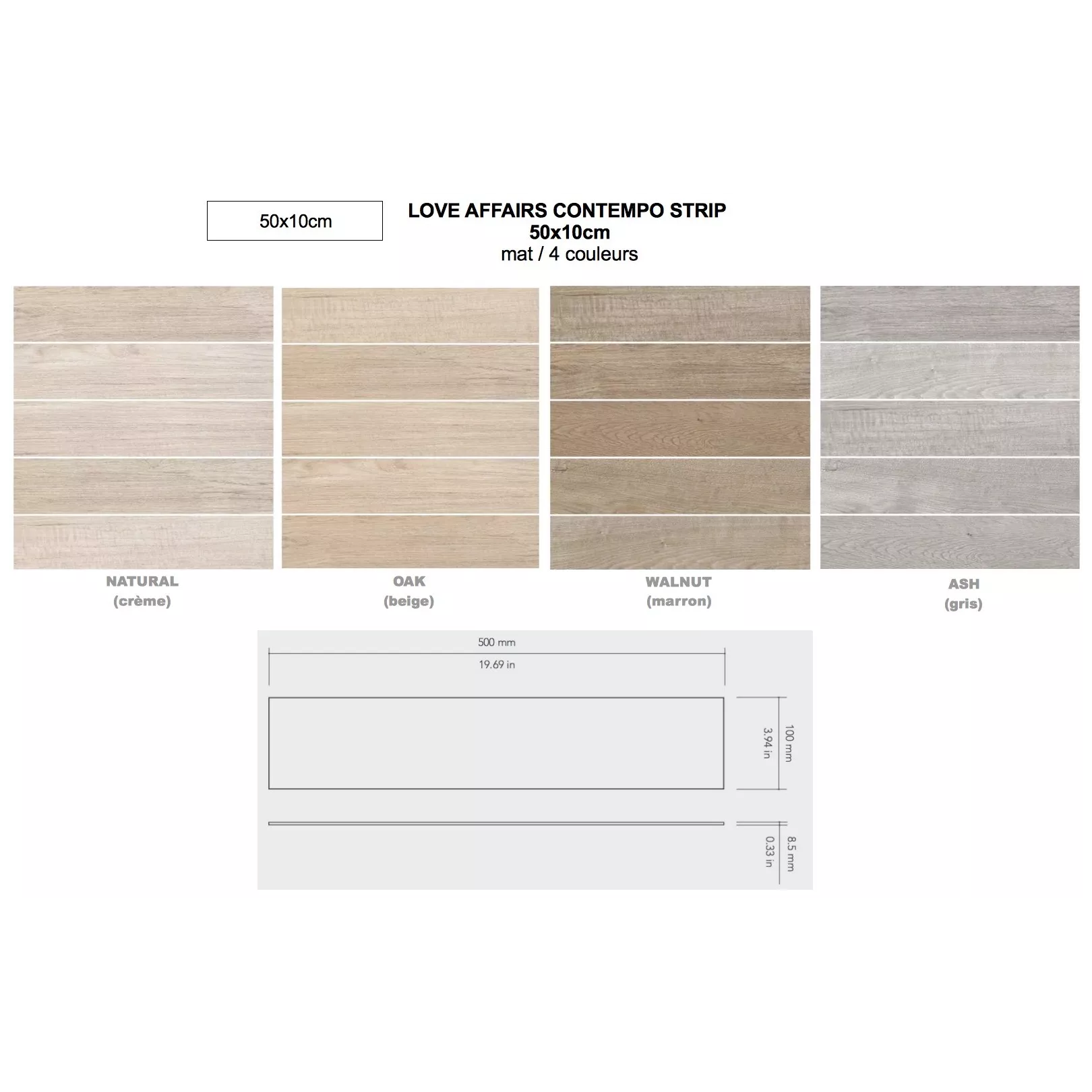 Carrelage grès cérame Love Affairs Contempo Strip 50x10cm effet bois parquet 