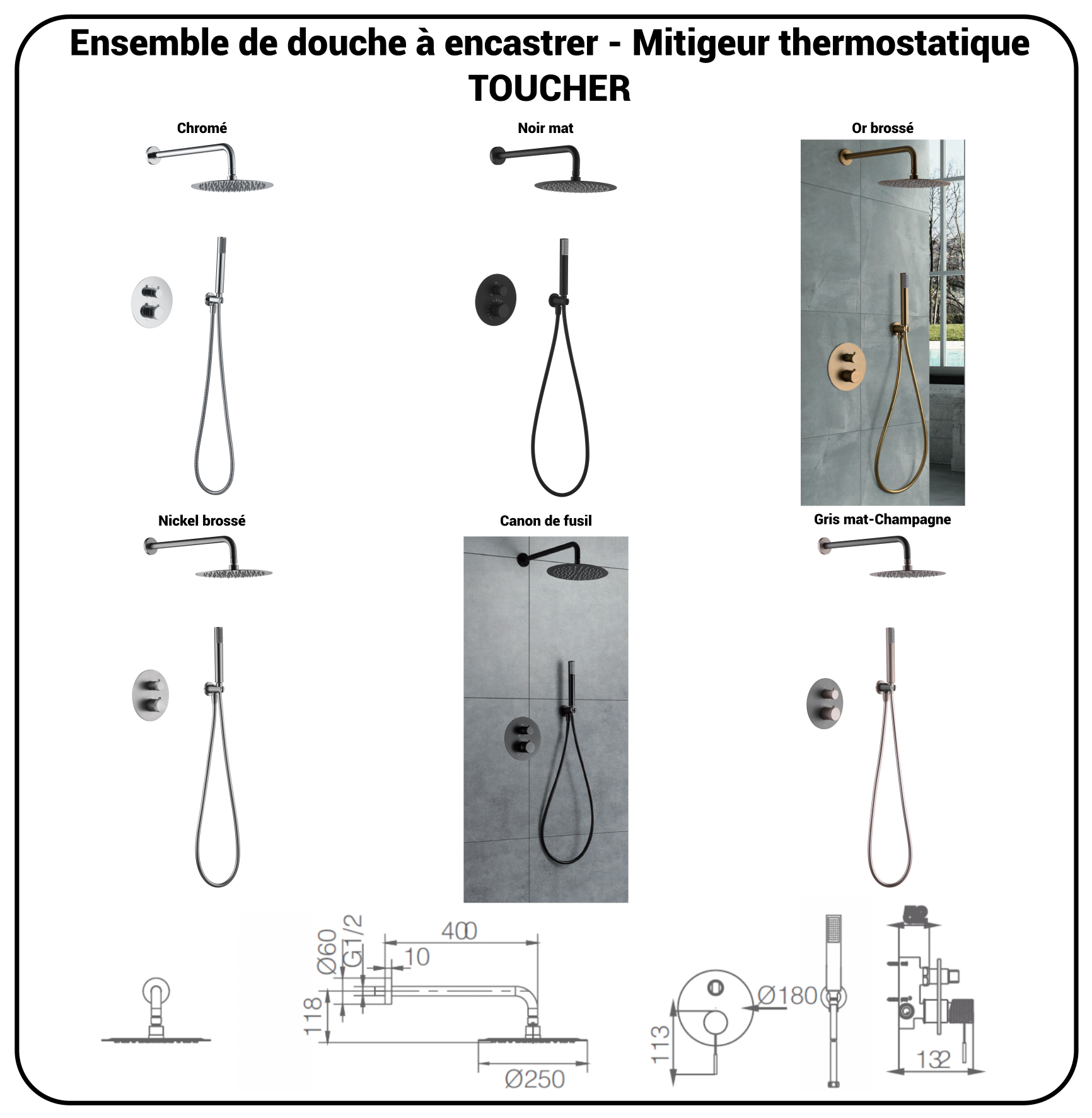 Ensemble de douche TOUCHER à encastrer - Mitigeur thermostatique
